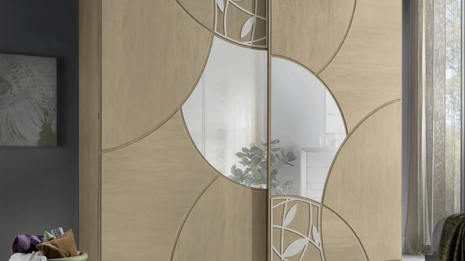 Armadio con ante scorrevoli Decor Project IM8880 in legno con specchi e decoro di Imba Srl