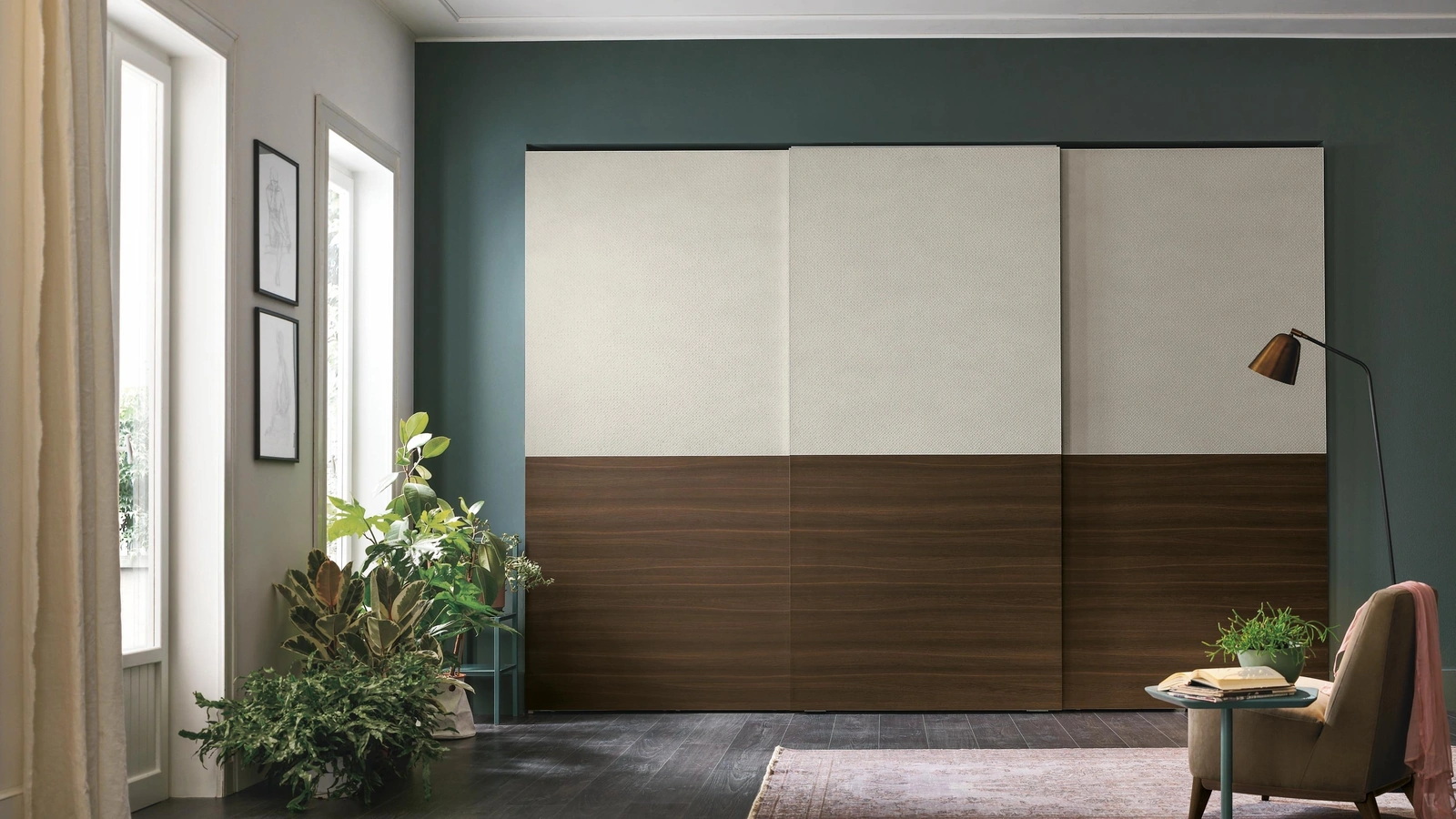 Armadio Double con anta scorrevole in materico intreccio chiaro e materico rovere termocotto di Tomasella