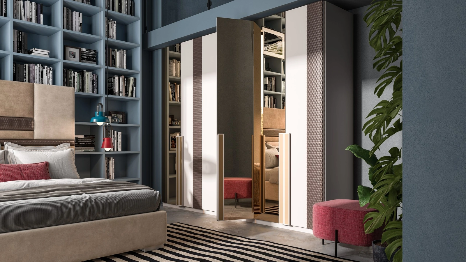 Armadio Round in laccato, specchio ed ecopelle di Flex