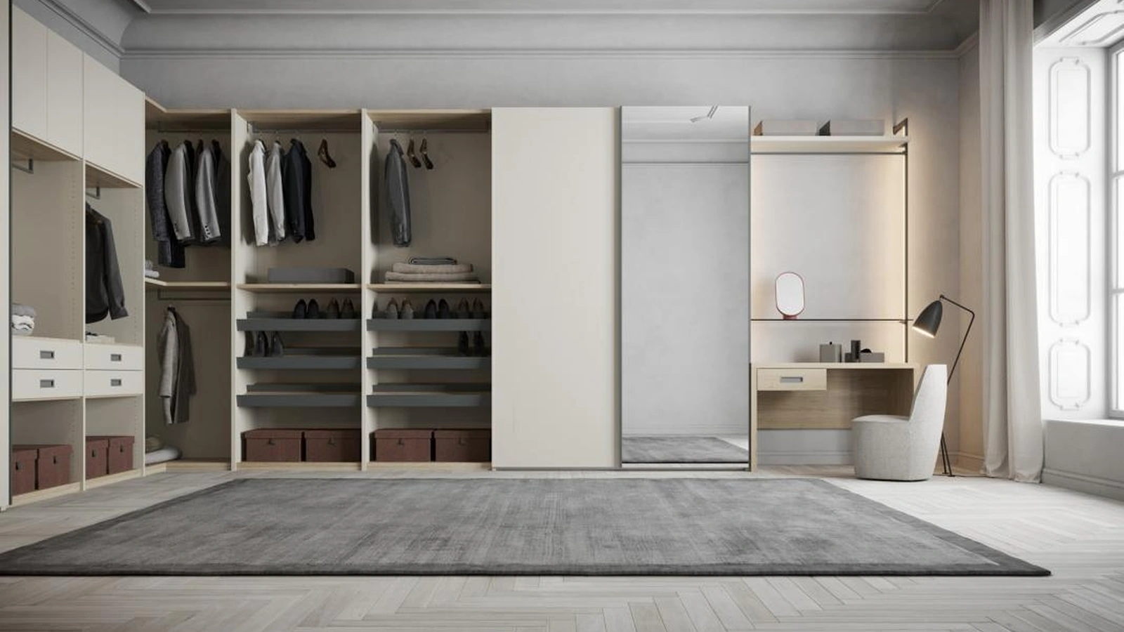 Armadio angolare con ante scorrevoli in laccato opaco e specchio Four di Giessegi