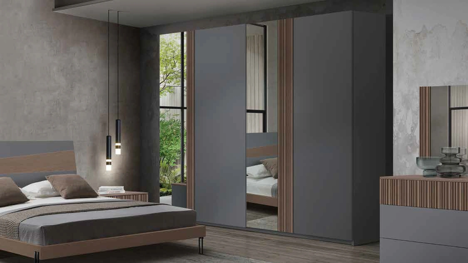 Armadio Icon 2|4 IC201 in legno laccato con inserti in frassino e specchi di Imba Srl