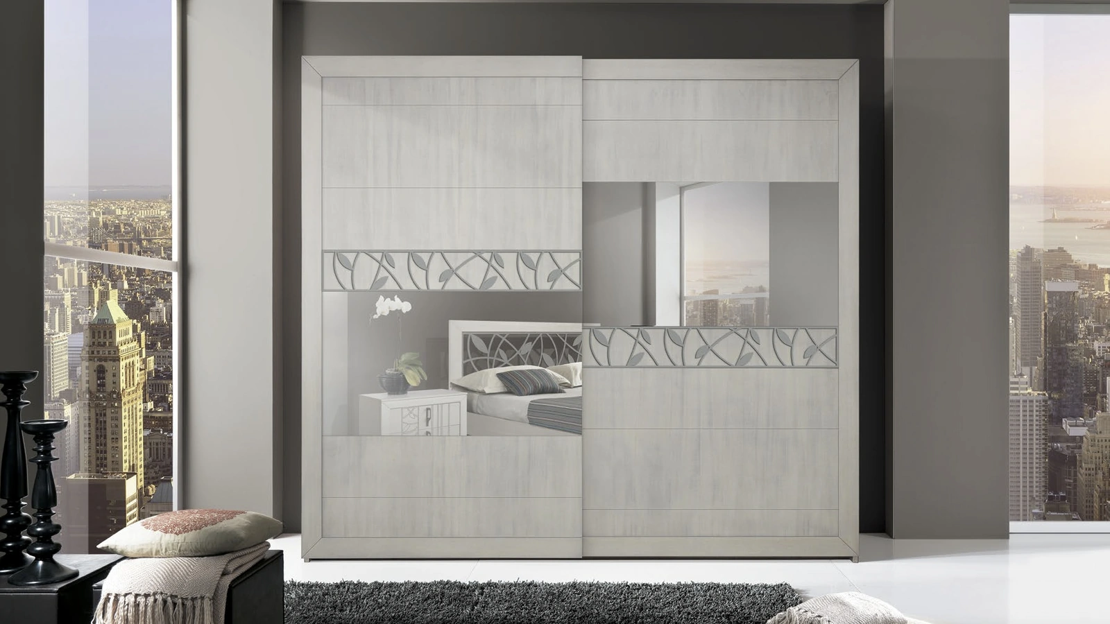 Armadio con ante scorrevoli Icon IM4468 in legno con traforo e specchi centrali di Imba Srl