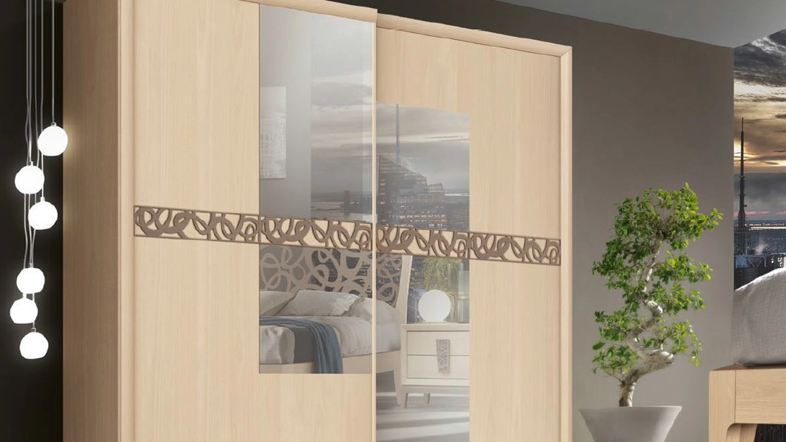 Armadio con ante scorrevoli Trend Style TR2571 in legno di Frassino con formelle traforate e specchi centrali di Imba Srl