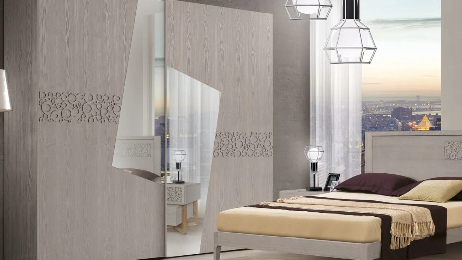 Armadio con ante scorrevoli Trend Style TR2582 in Frassino con traforo e specchi centrali di Imba Srl