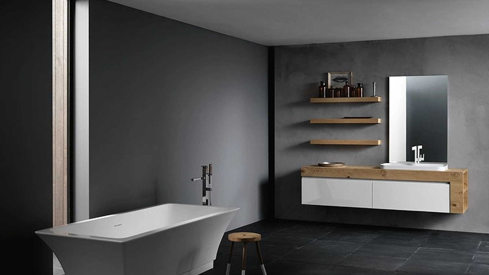 Mobile da Bagno sospeso con piano in legno di rovere e frontali in laccato bianco lucido INK NK13 Compab