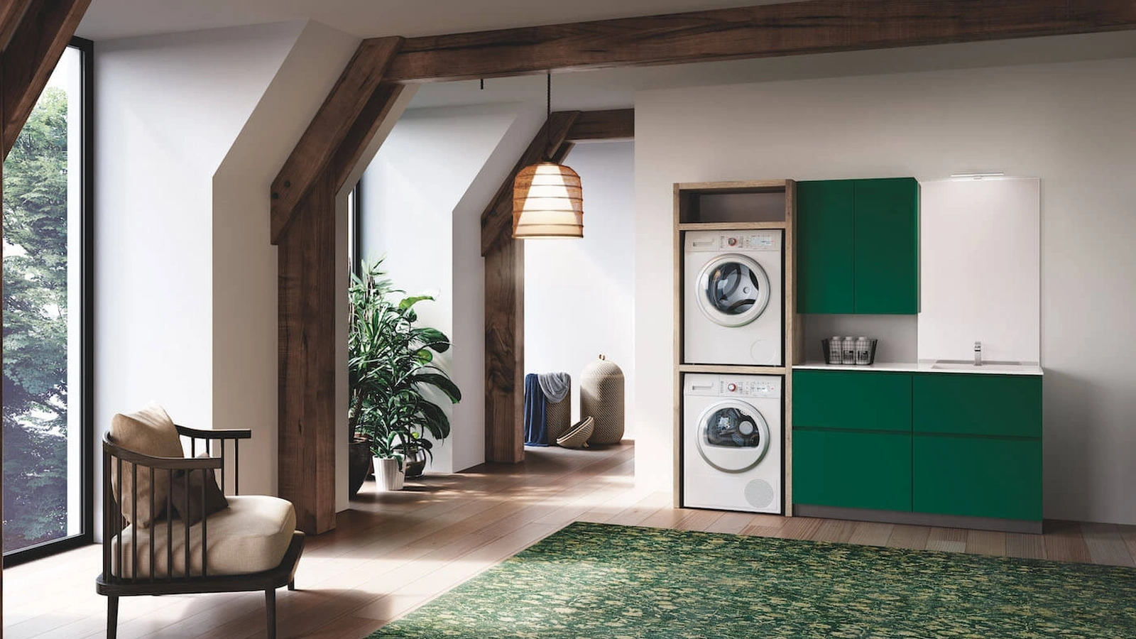 Mobile da Bagno per lavanderia in laccato opaco Verde Muschio e HPL Rovere Laundry 06 di Puntotre