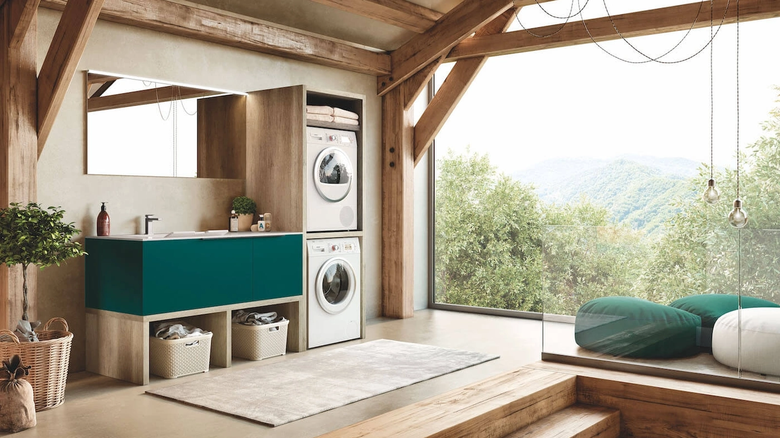 Mobile da Bagno per lavanderia in laccato Verde Blu opaco e HPL Rovere Laundry 08 di Puntotre