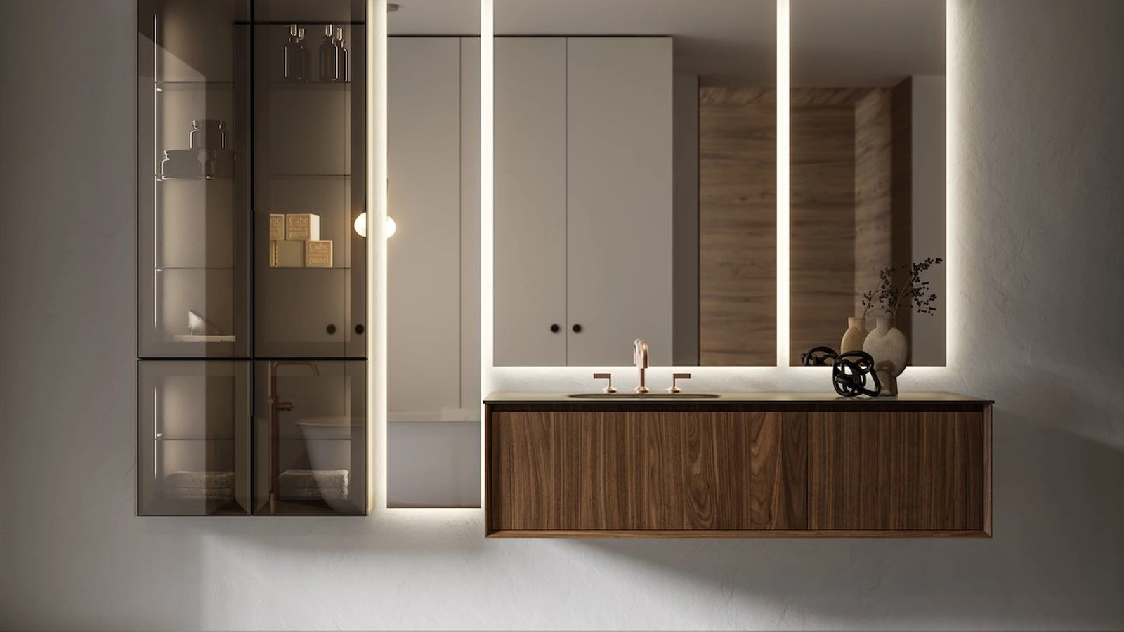 Mobile da Bagno sospeso in legno Noce Canaletto e vetro Modula 07 di Puntotre