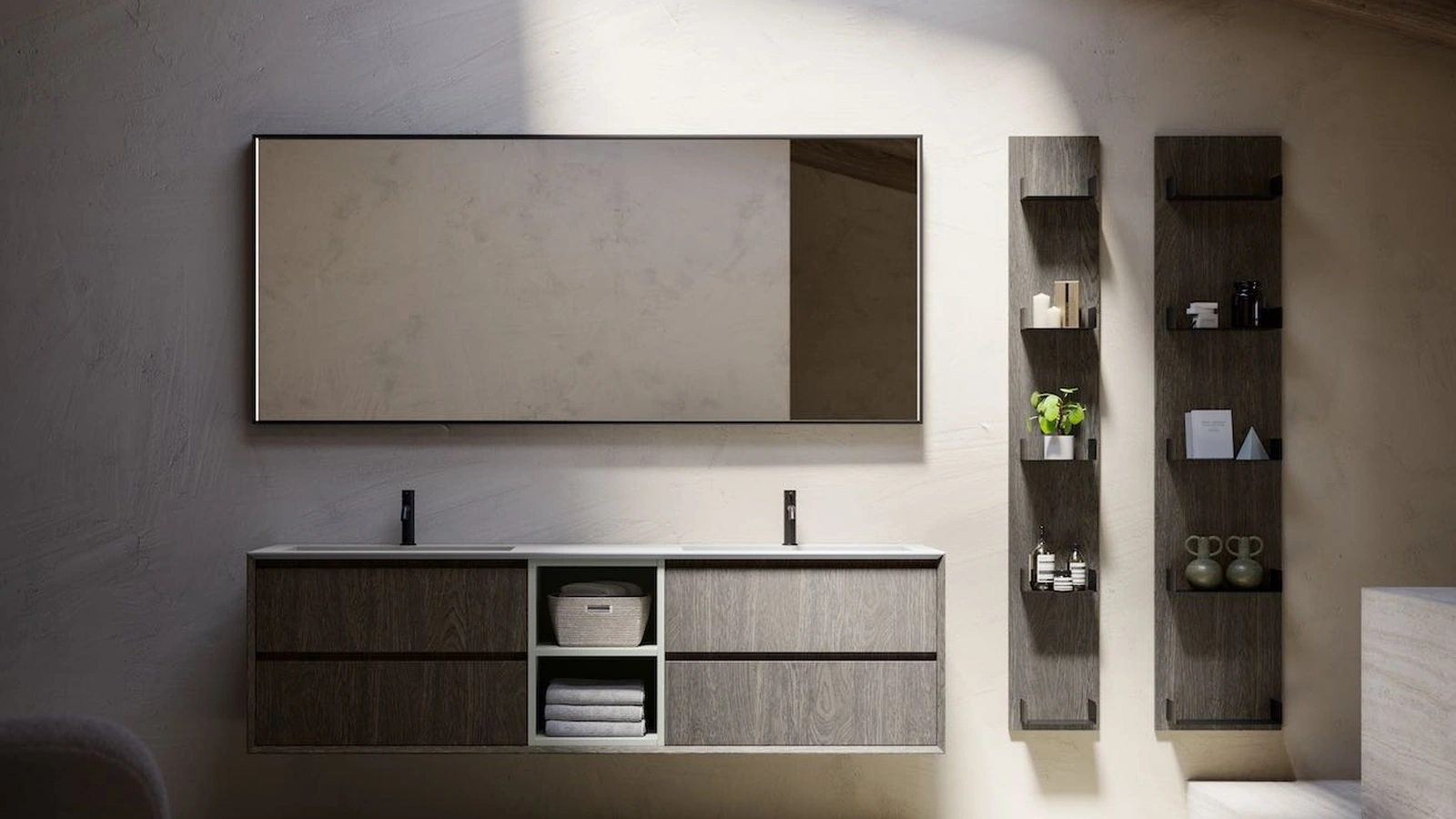 Mobile da Bagno sospeso in legno Rovere Cemento Modula 08 di Puntotre