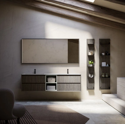 Mobile da Bagno sospeso in legno Rovere Cemento Modula 08 di Puntotre