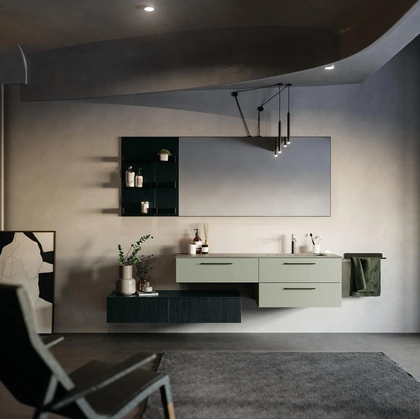 Mobile da Bagno sospeso in laccato e laminato con top in gres Sistema Maniglia 21 di Puntotre