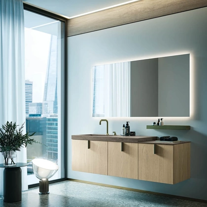 Mobile da Bagno sospeso in laminato finitura Olmo e top in gres Sistema Maniglia 22 di Puntotre