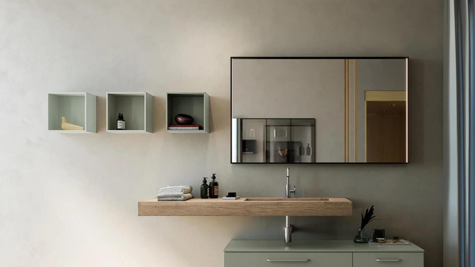 Mobile da Bagno sospeso laccato opaco con top in HPL finitura Rovere Sistema Maniglia 23 di Puntotre