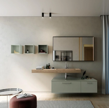 Mobile da Bagno sospeso laccato opaco con top in HPL finitura Rovere Sistema Maniglia 23 di Puntotre