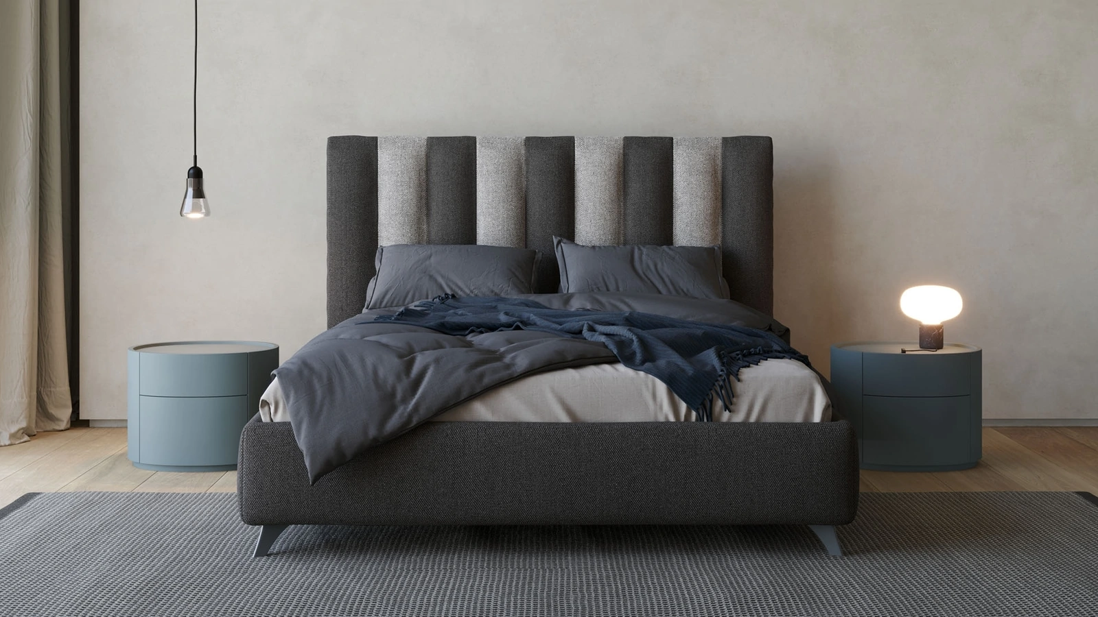 Letto con testiera alta in tessuto imbottito con trapuntatura verticale in due colori a contrasto River di Giessegi