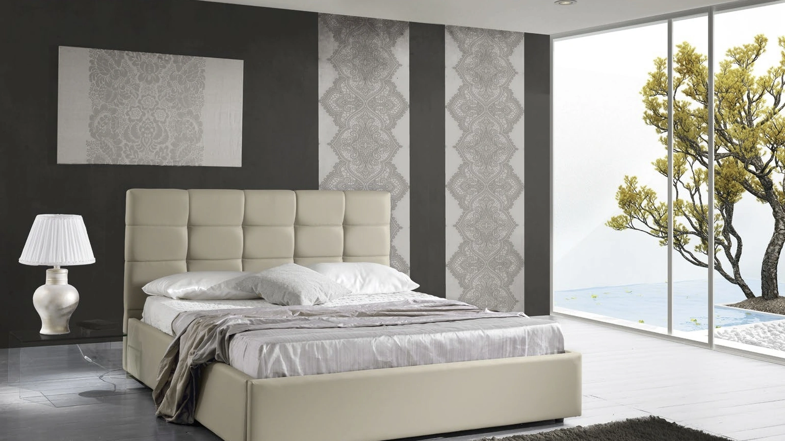 Letto in ecopelle Crema imbottito con testiera e contenitore Prima di Imba Srl