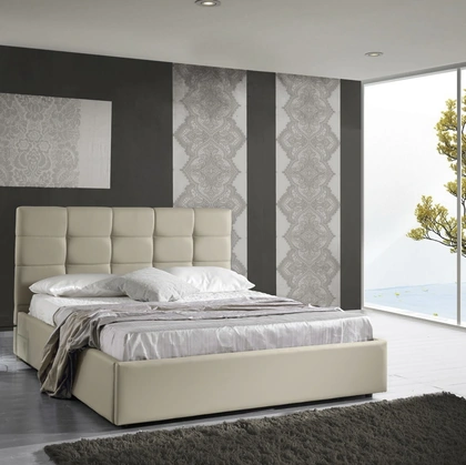 Letto in ecopelle Crema imbottito con testiera e contenitore Prima di Imba Srl