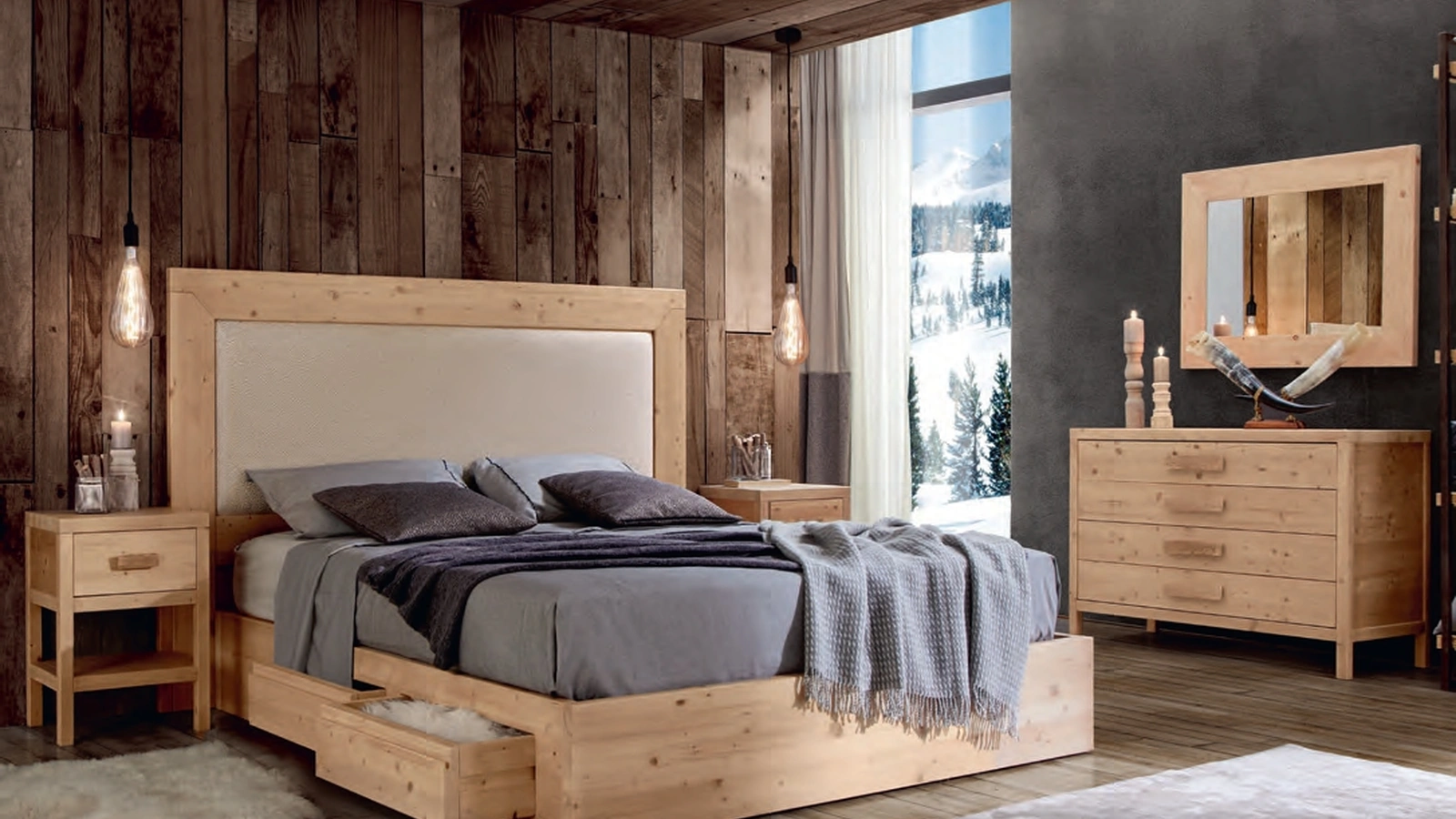 Letto Marte 3300/A in legno con inserto in tessuto di Imba Srl
