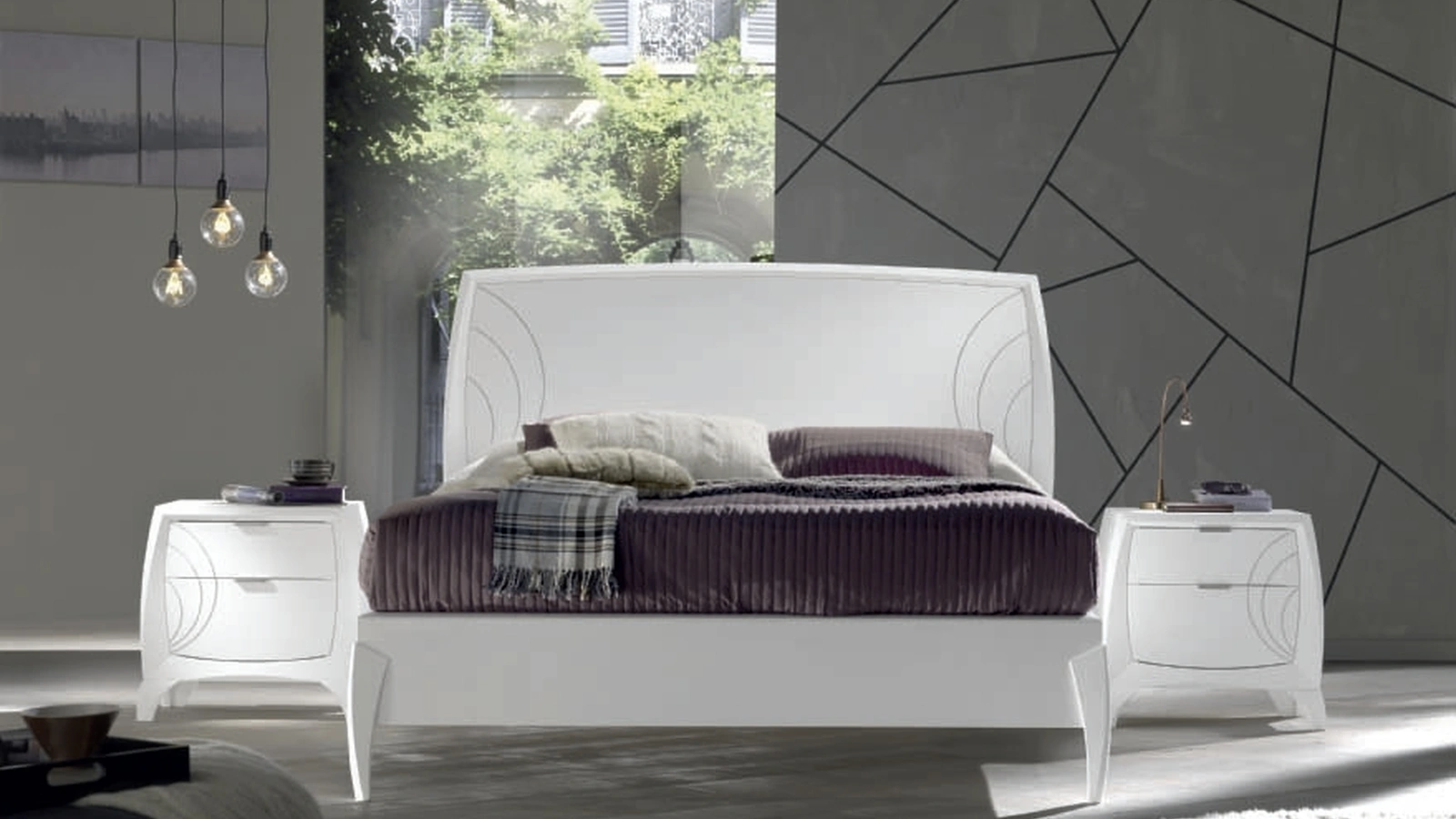 Letto in legno laccato Bianco con incisioni Moon Project IM8598 di Imba Srl