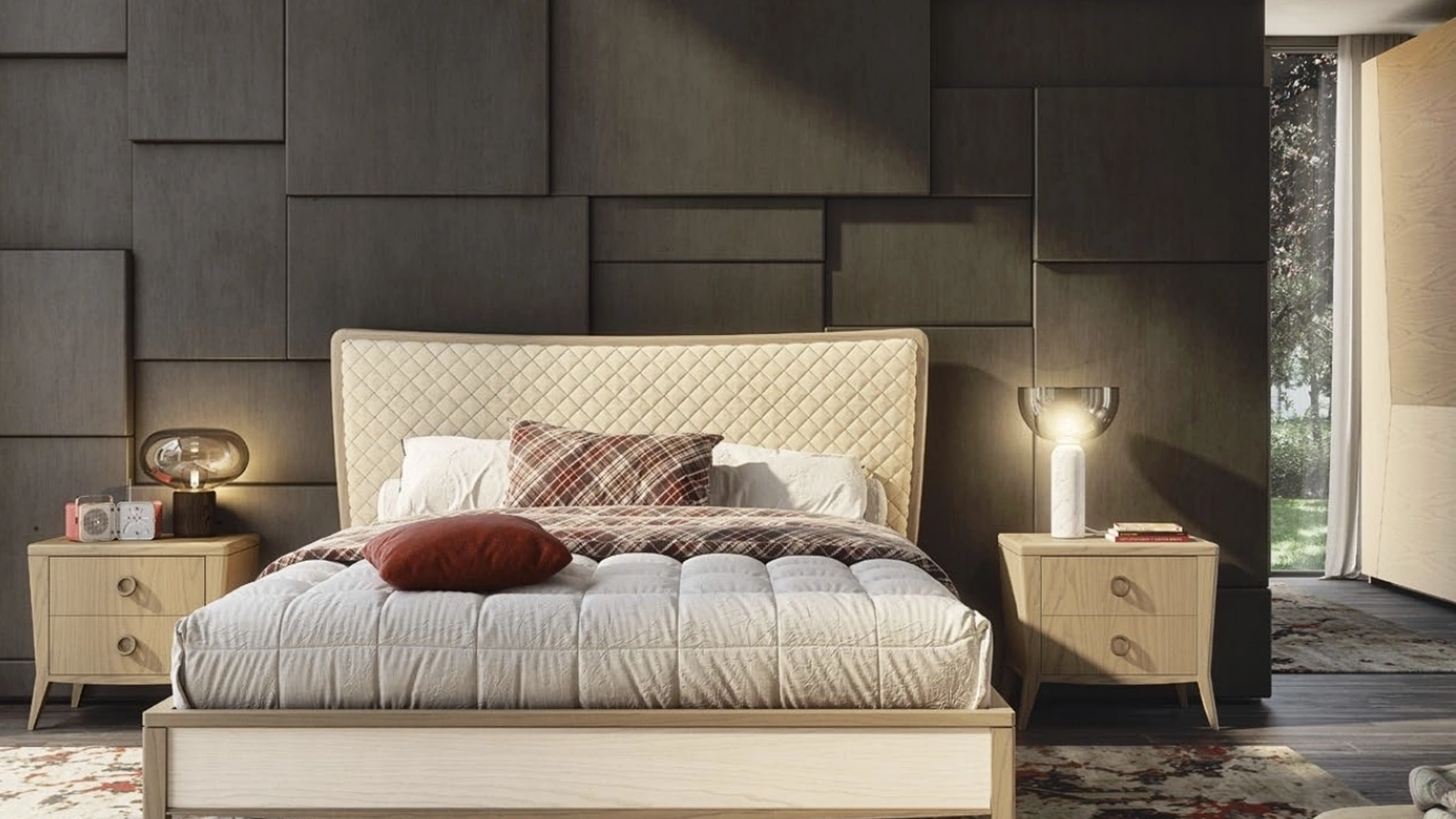 Letto Nova Comfort in legno con testiera in tessuto trapuntato a rombi di Imba Srl