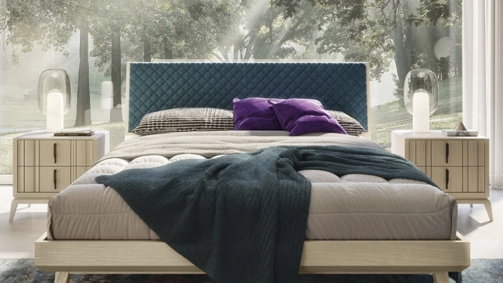 Letto Nova Linea Seta in frassino con testiera rivestita in tessuto di Imba Srl