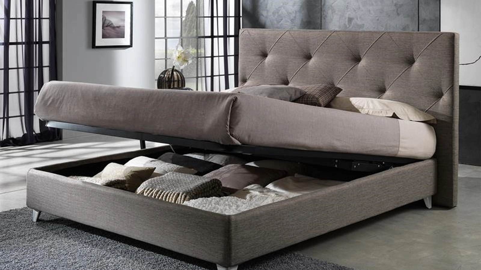 Letto in tessuto con contenitore e testiera trapuntata Nuit di Hoppla