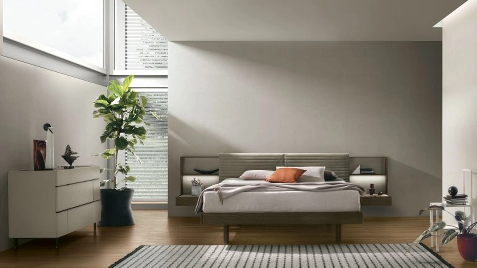 Letto Yuki in materico rovere moka con testiera in ecopelle Tomasella