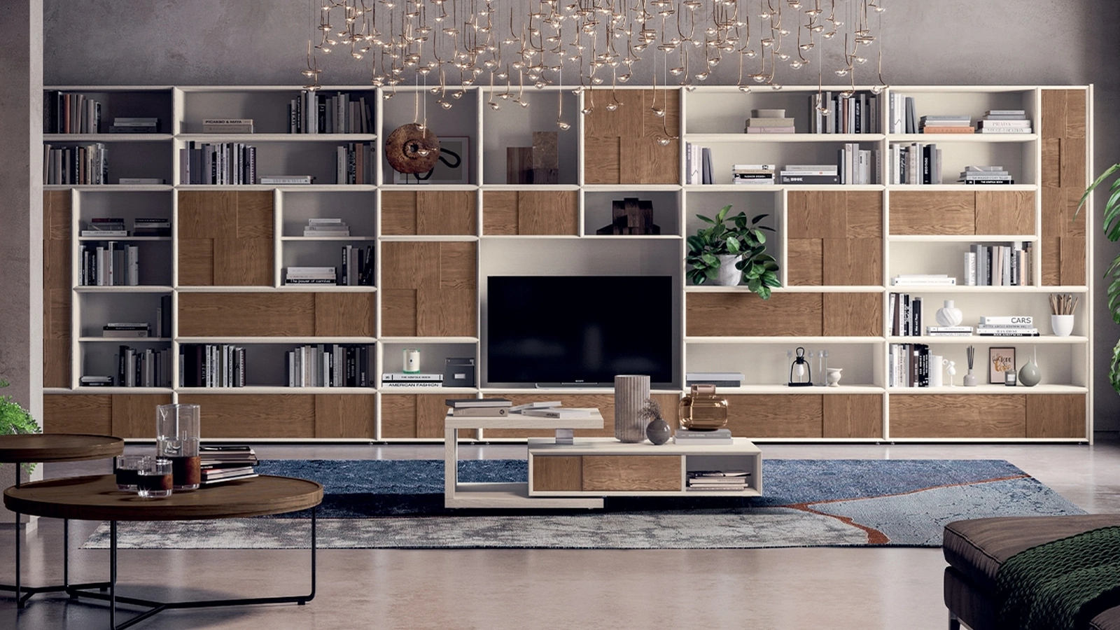 Libreria a muro bicolore in legno di Frassino laccato e naturale Le Spezie composizione 25 di Le Fablier