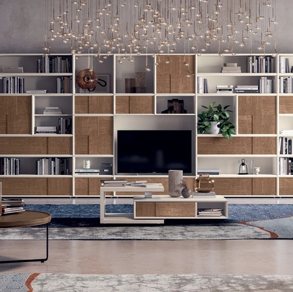 Libreria a muro bicolore in legno di Frassino laccato e naturale Le Spezie composizione 25 di Le Fablier