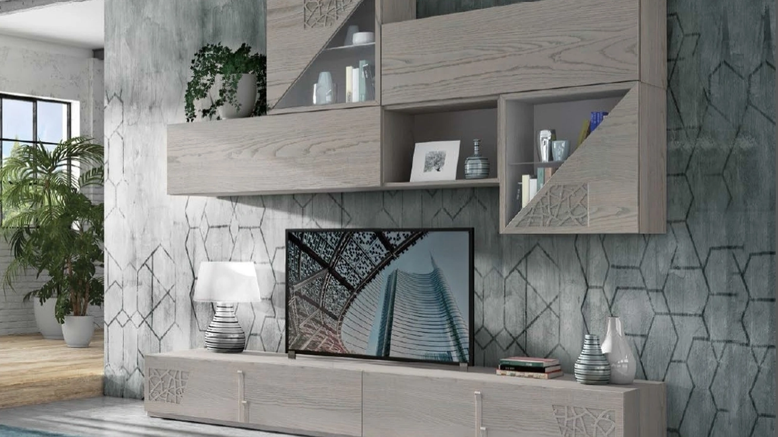 Parete Attrezzata Composizione TR1673 in Frassino con decoro traforato di Imba Srl