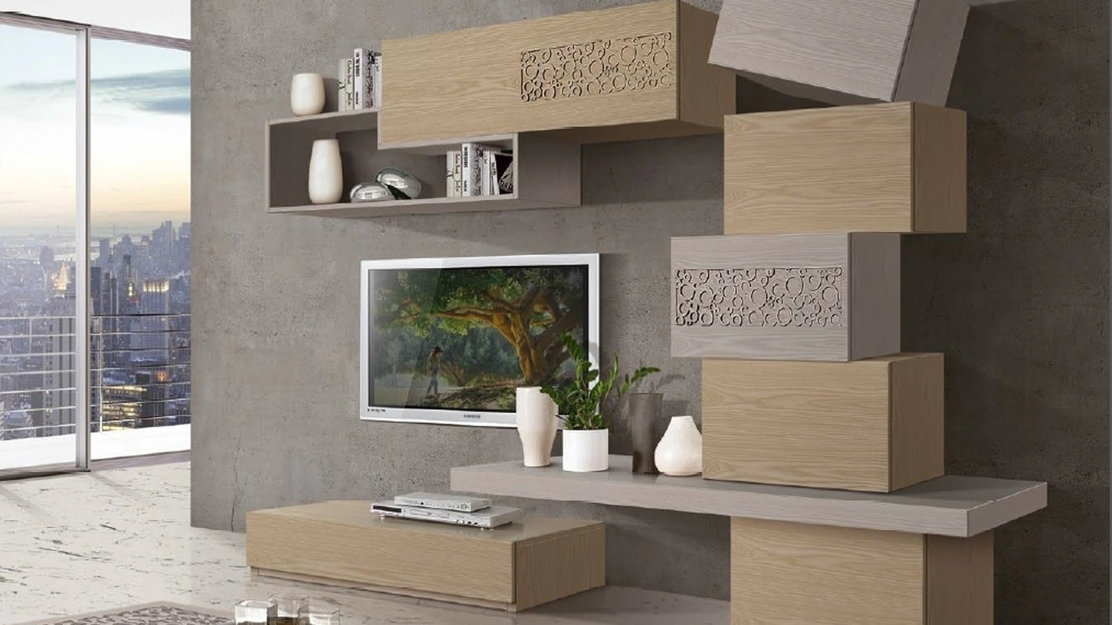 Parete Attrezzata componibile Composizione TR1755 in Frassino con traforo di Imba Srl