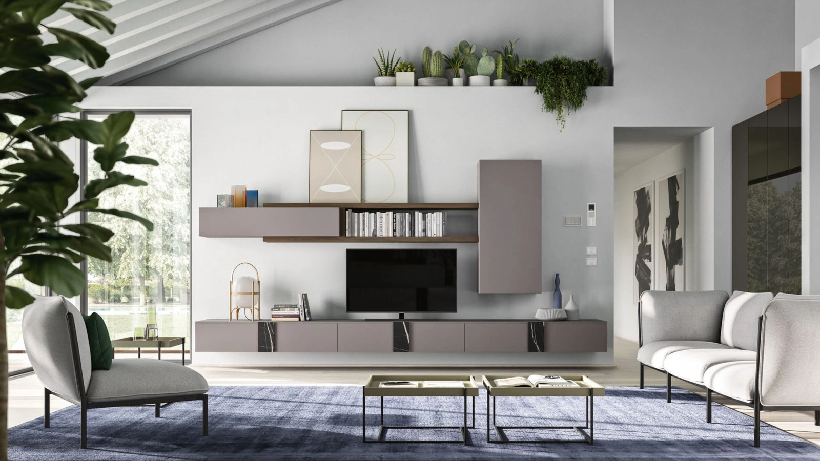 Parete Attrezzata sospesa in melaminico Platino, Salvia e Marmo Day 28 di Orme