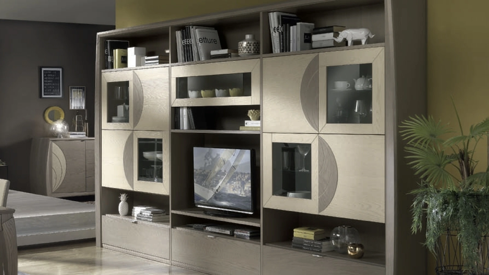 Parete Attrezzata Moon Project IM8340 in legno finitura Fango e Sabbia con incisioni di Imba Srl