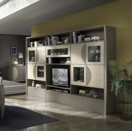 Parete Attrezzata Moon Project IM8340 in legno finitura Fango e Sabbia con incisioni di Imba Srl