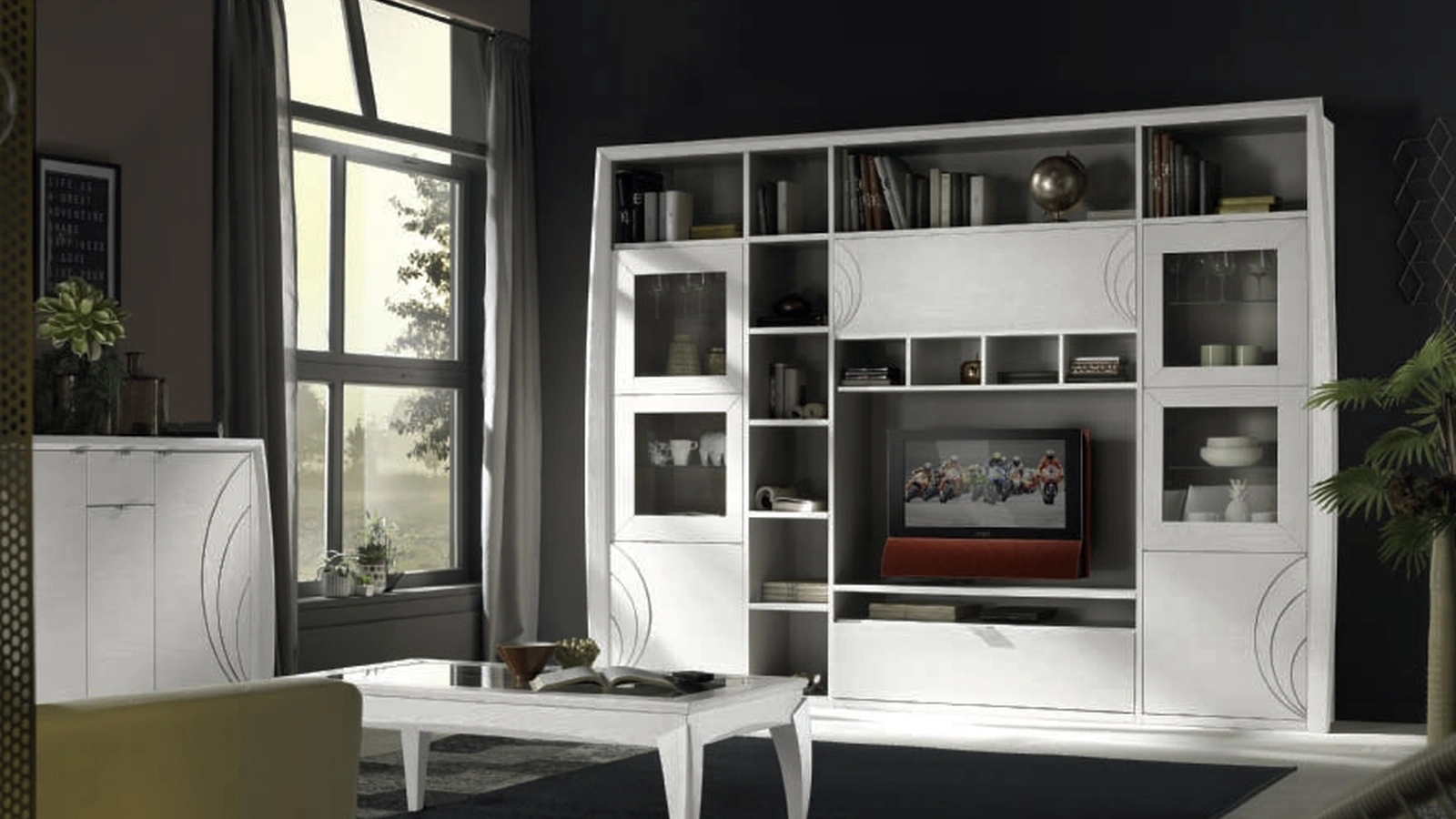 Parete Attrezzata Moon Project IM8345 in legno finitura Bianco e Cenere con incisioni di Imba Srl