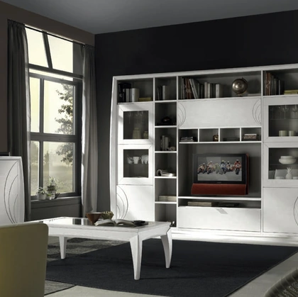 Parete Attrezzata Moon Project IM8345 in legno finitura Bianco e Cenere con incisioni di Imba Srl