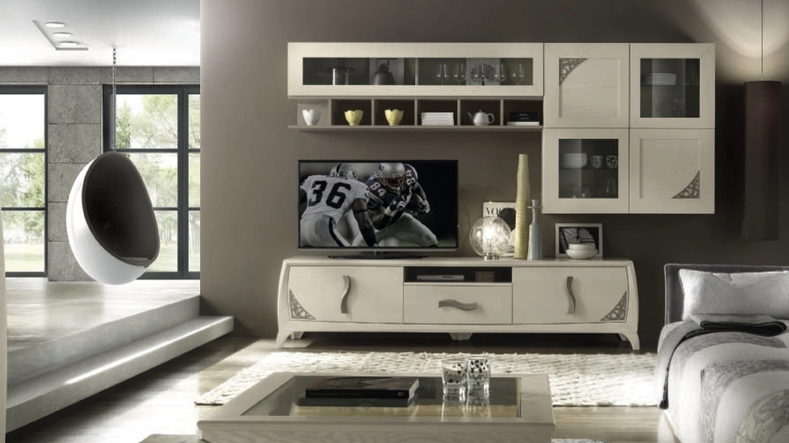 Parete Attrezzata Moon Project IM8358 in legno finitura Sabbia e Fango con trafori di Imba Srl