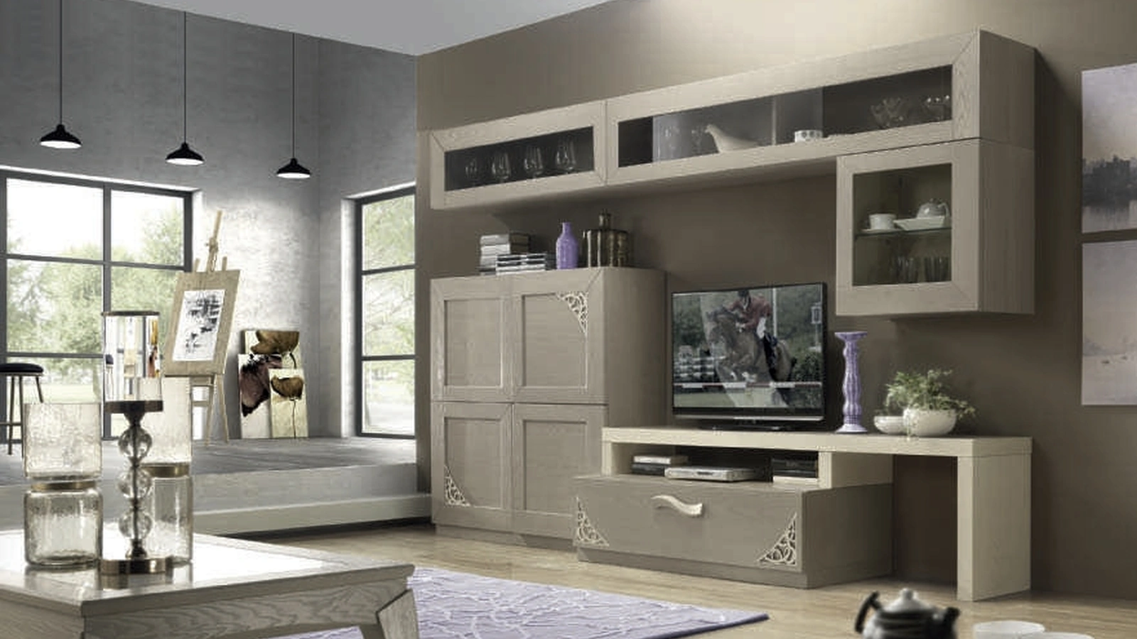 Parete Attrezzata Moon Project IM8376 in legno finitura Fango e Sabbia con trafori di Imba Srl