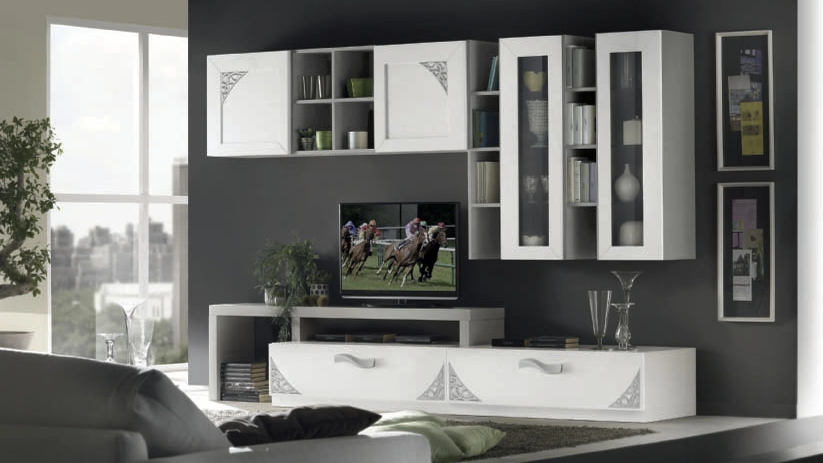 Parete Attrezzata Moon Project IM8379 in legno finitura Bianco e Cenere con trafori di Imba Srl