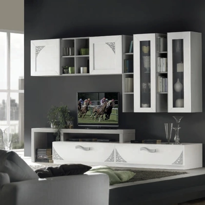 Parete Attrezzata Moon Project IM8379 in legno finitura Bianco e Cenere con trafori di Imba Srl