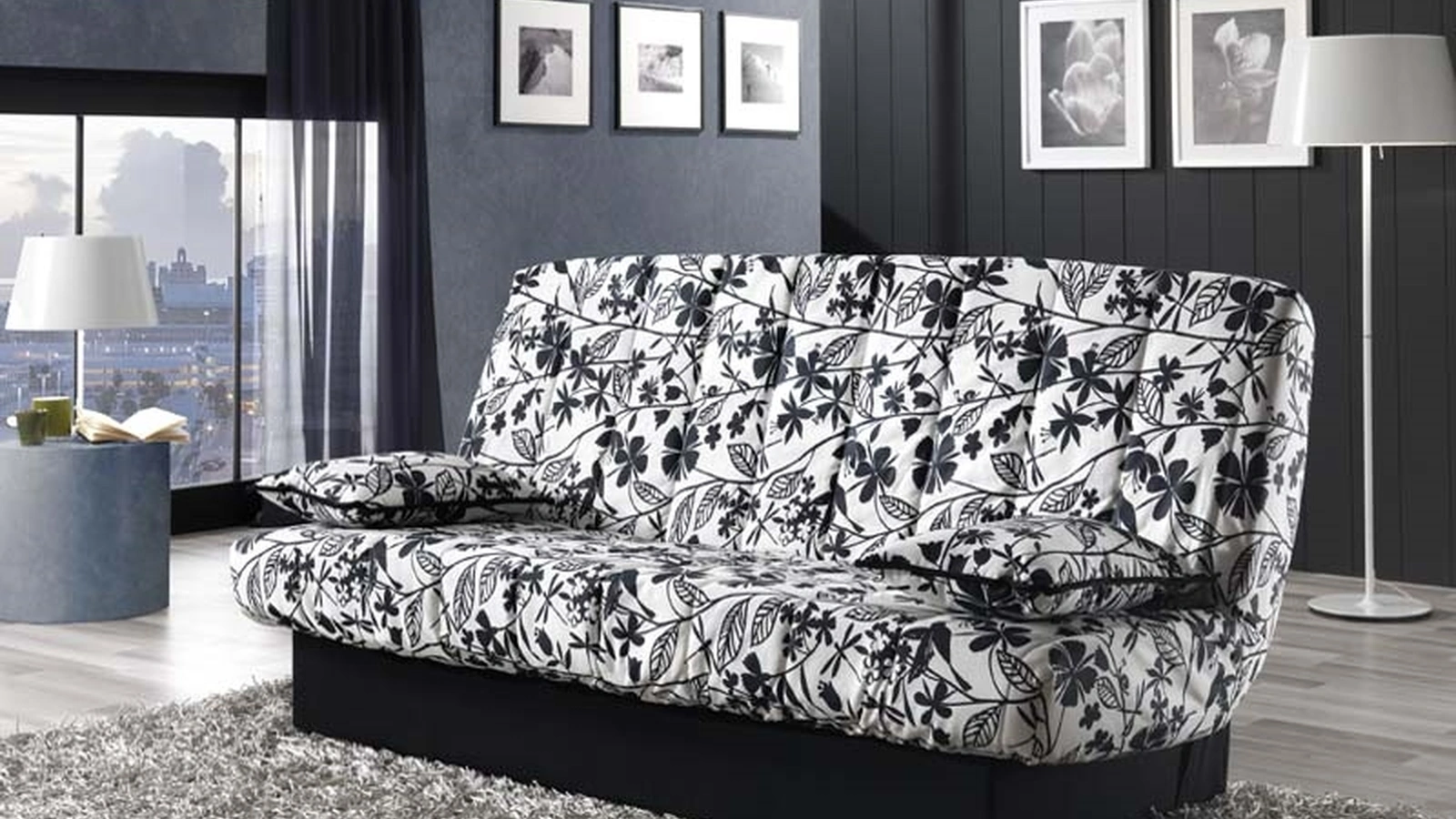 Divano Letto in tessuto con motivo floreale in bianco e nero Mitico di Hoppla