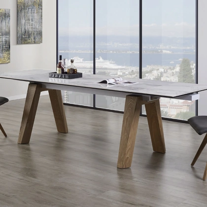 Tavolo allungabile Urban Style SD102 con top in gres Bianco venato lucido e gambe in Frassino di Imba Srl