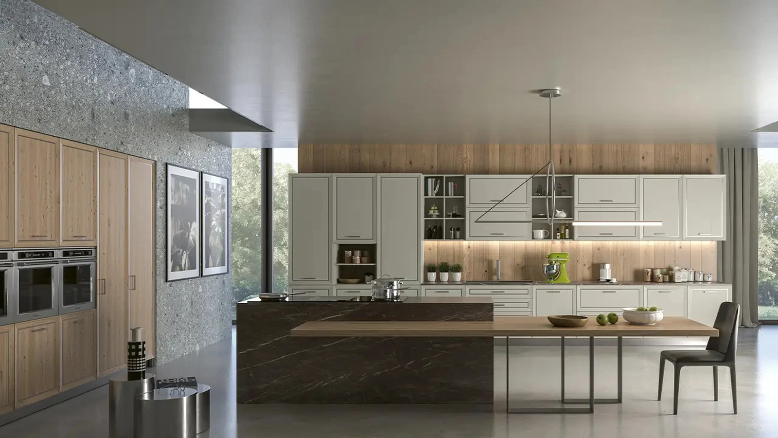 Cucina Moderna in legno laccato con isola in gres Melograno Olimpica di Le Fablier