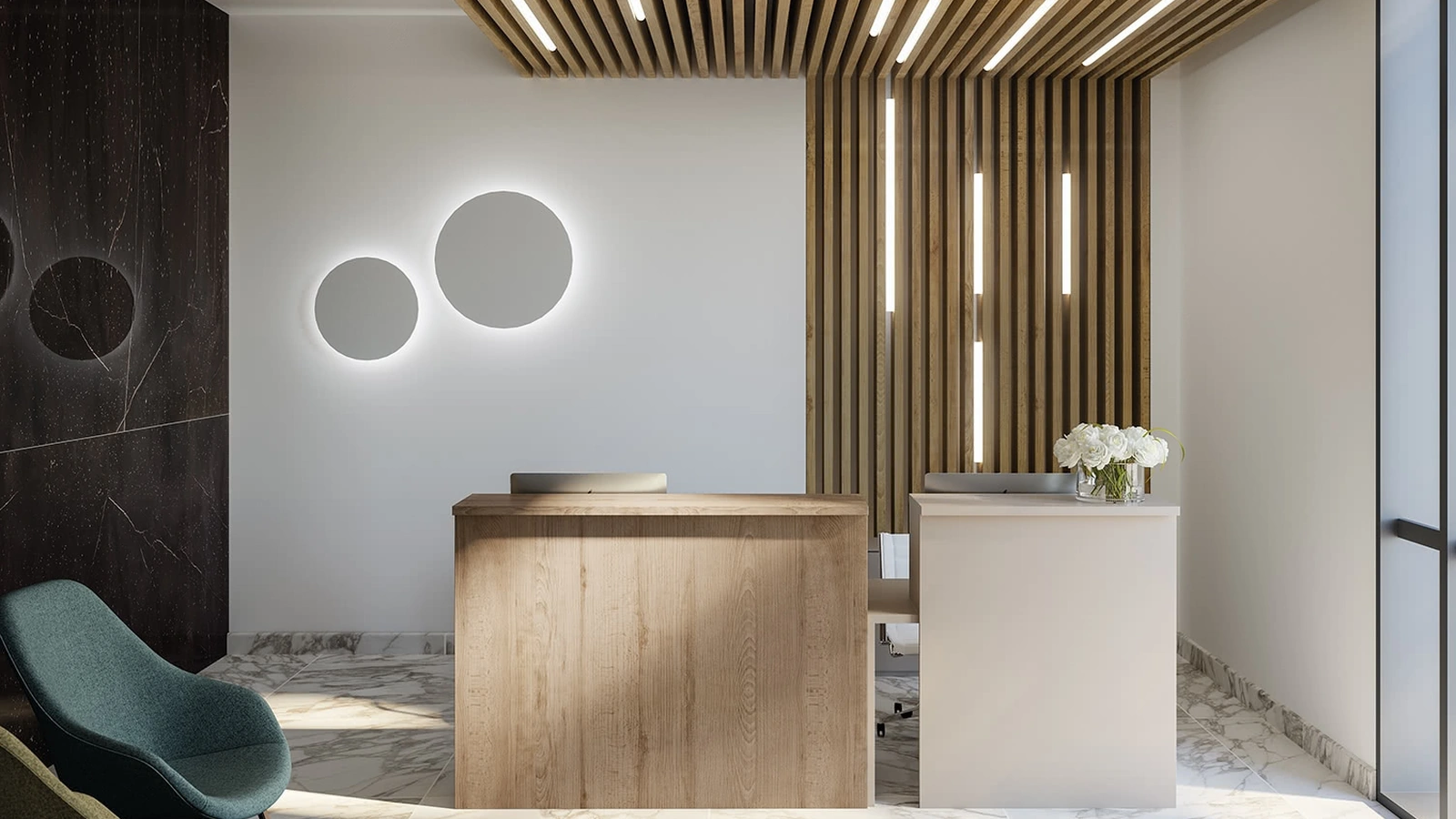 Bancone Reception OF60 diviso in due postazioni, una in Faggio nobilitato e l'altra in laccato opaco Visone di Giessegi