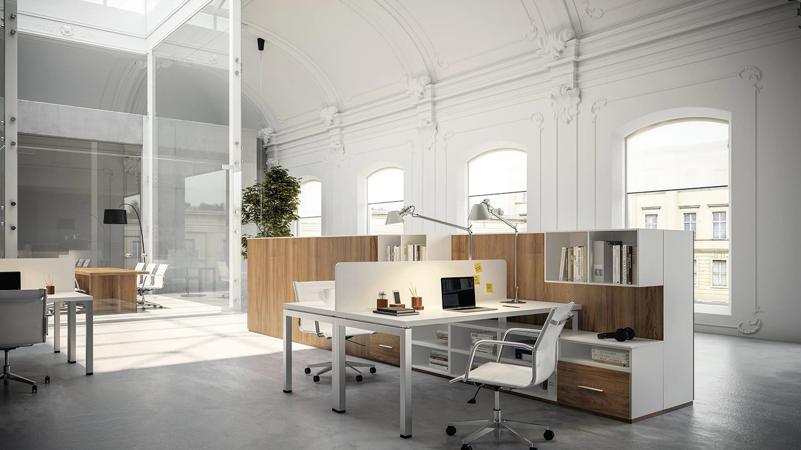 Scrivania Operativa con mobile di appoggio OF64 in Bianco e Noce nobilitato di Giessegi