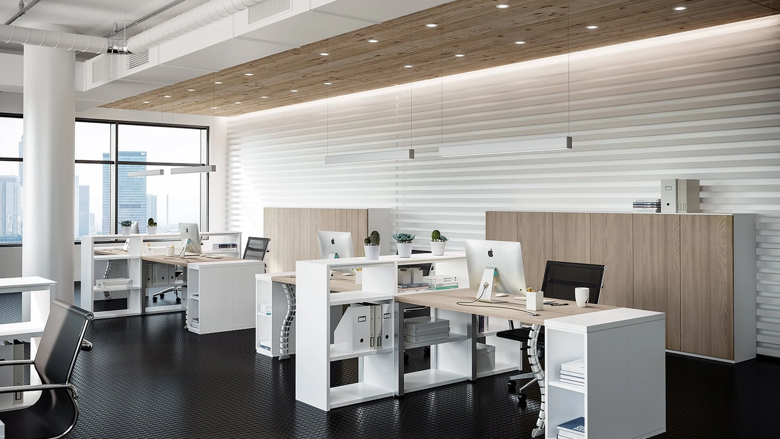 Scrivania Operativa con mobile basso OF67 in Olmo e Bianco nobilitato di Giessegi