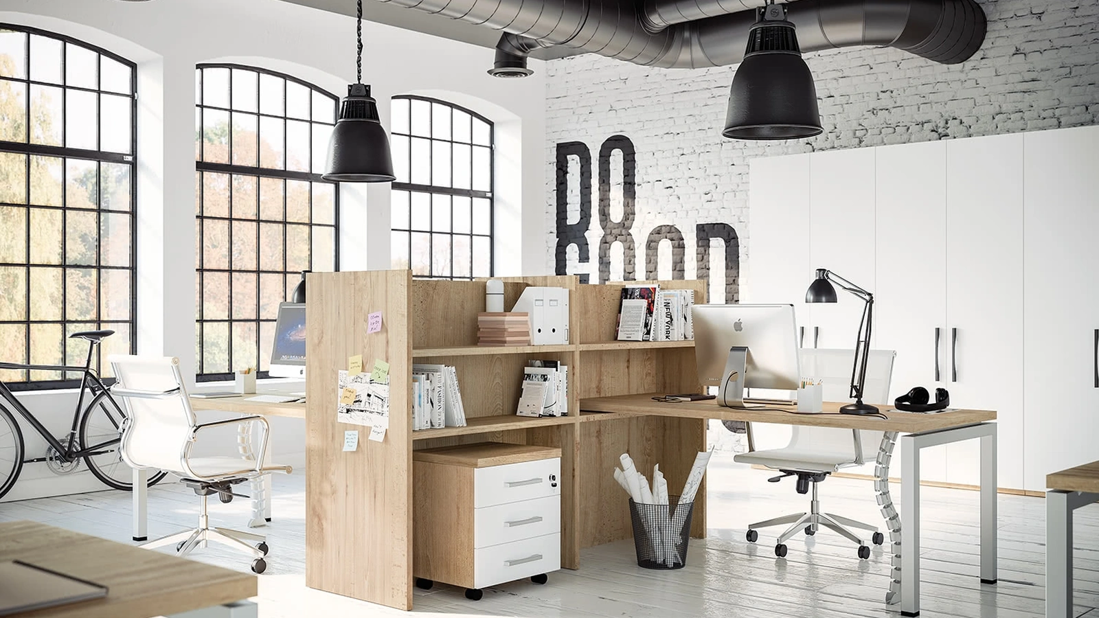 Scrivania Operativa OF69 in Faggio nobilitato e armadio a muro in laccato bianco di Giessegi