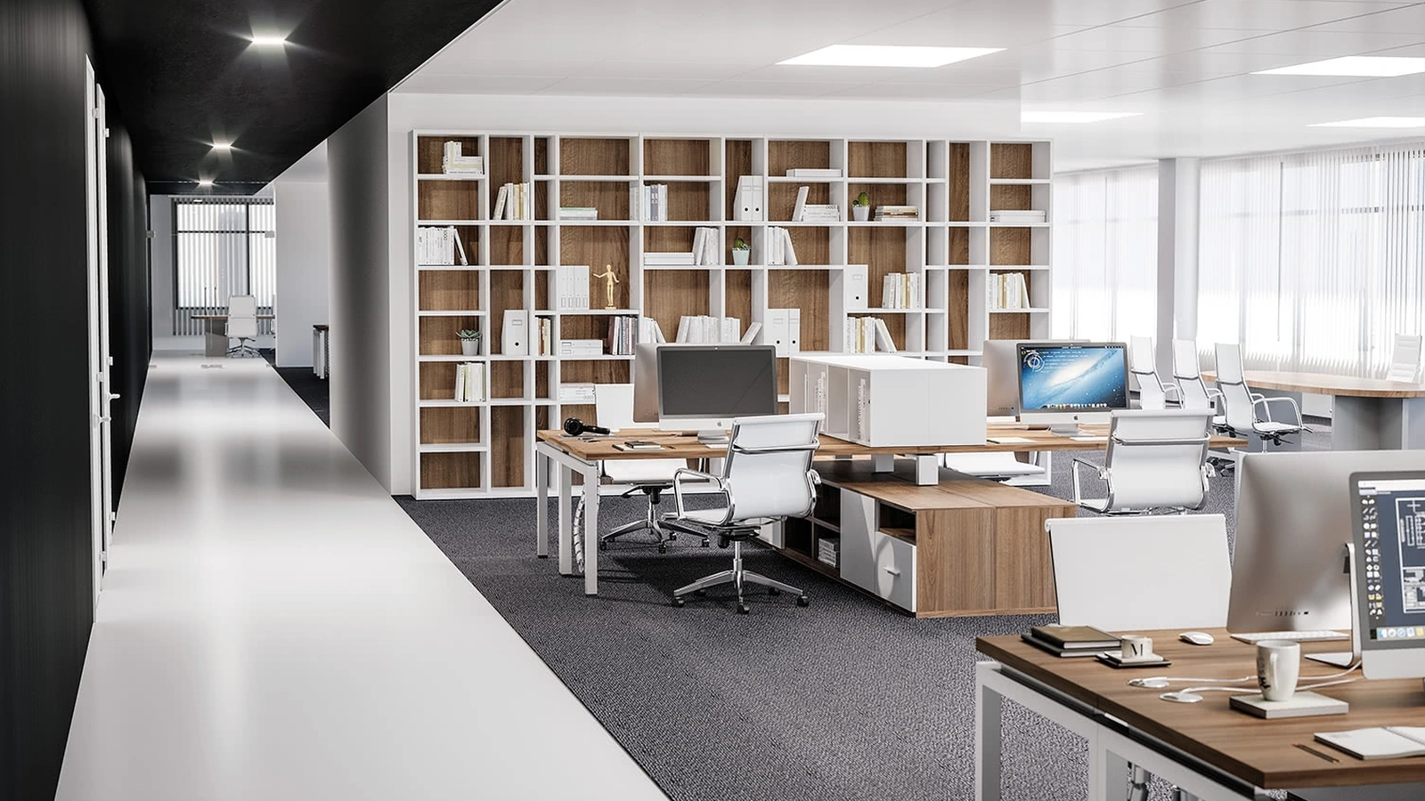 Scrivania Operativa con mobile libreria OF70 in Noce e Bianco nobilitato di Giessegi